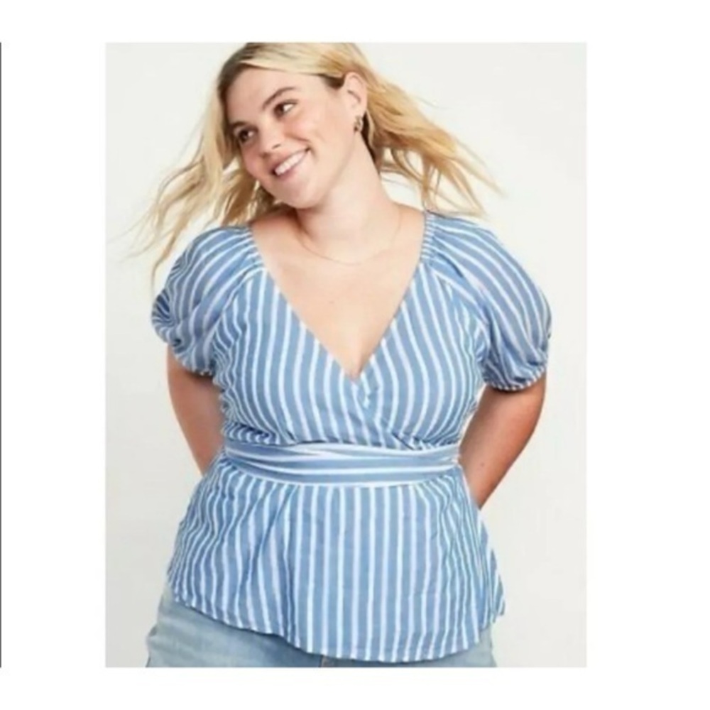 Old Navy Blue White Stripe True Wrap Top Blouse 4X Puff Sleeve Plus EUC 4X #1018